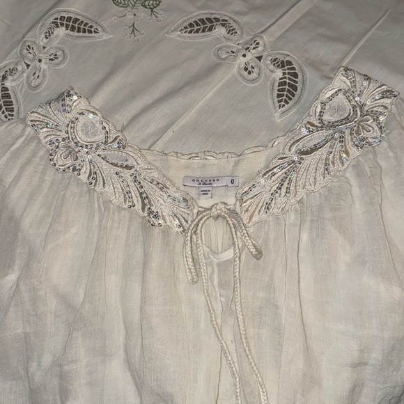 Calypso St. Barth Beaded Neckline Semi Sheer Gauzy Cotton Cropped Blouse - Picture 9 of 10